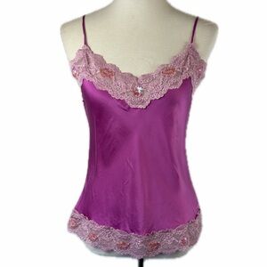 New York & Co Pink Silk Lace Beaded Sequin Camisole Top Sz M Coquette Y2K Fairy